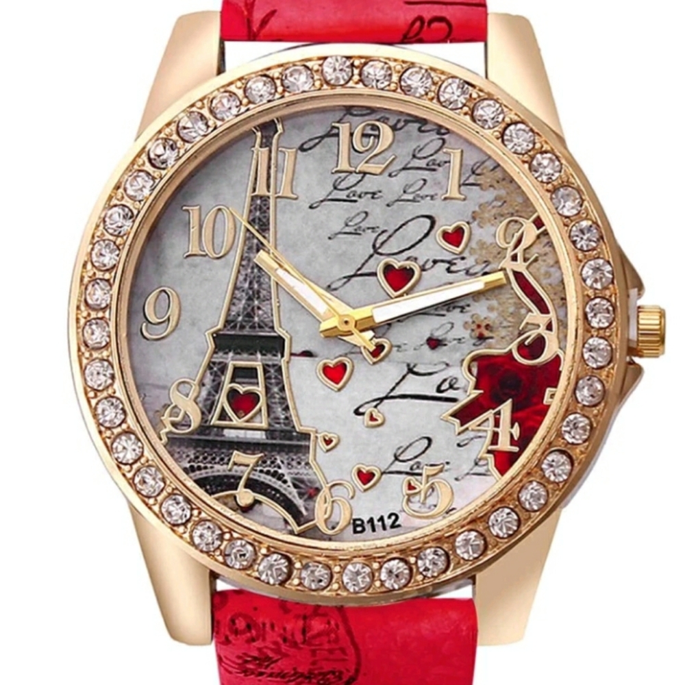 Eiffel Tower Red Quartz Round Watch